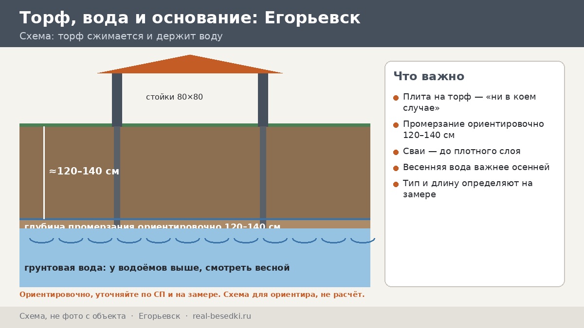 Под беседку в Егорьевске: сваи, плита или лента на торфе и в лесу — пошаговый выбор от «ни в коем случае» к «можно»