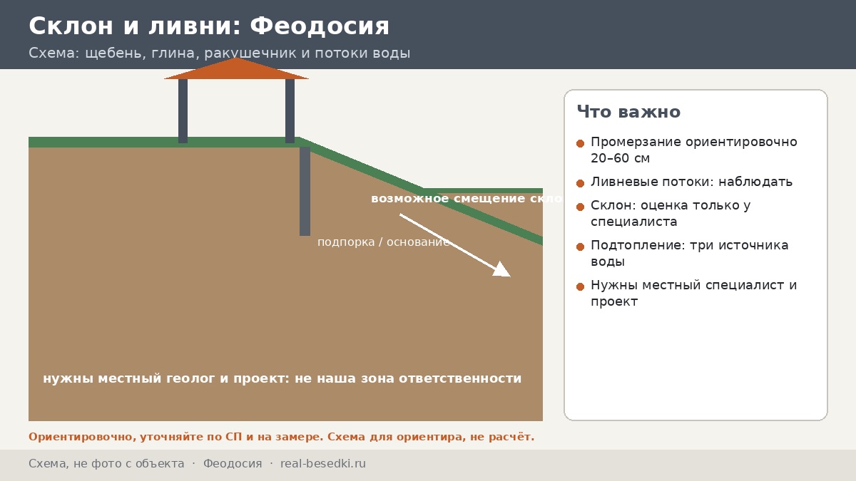 Фундамент в Феодосии: рельеф и подтопление — куда уйдёт ливень и что лежит под беседкой