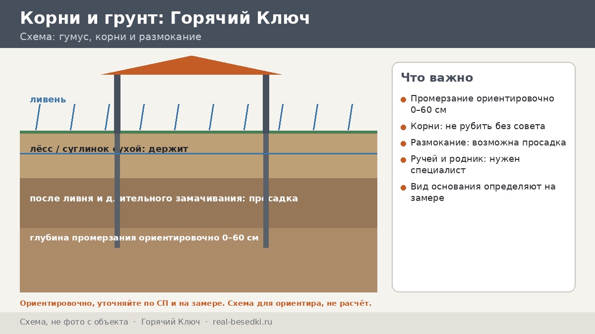 Фундамент под беседку в Горячем Ключе: что важно на юге — грунт у ручья, корни и вода в яме