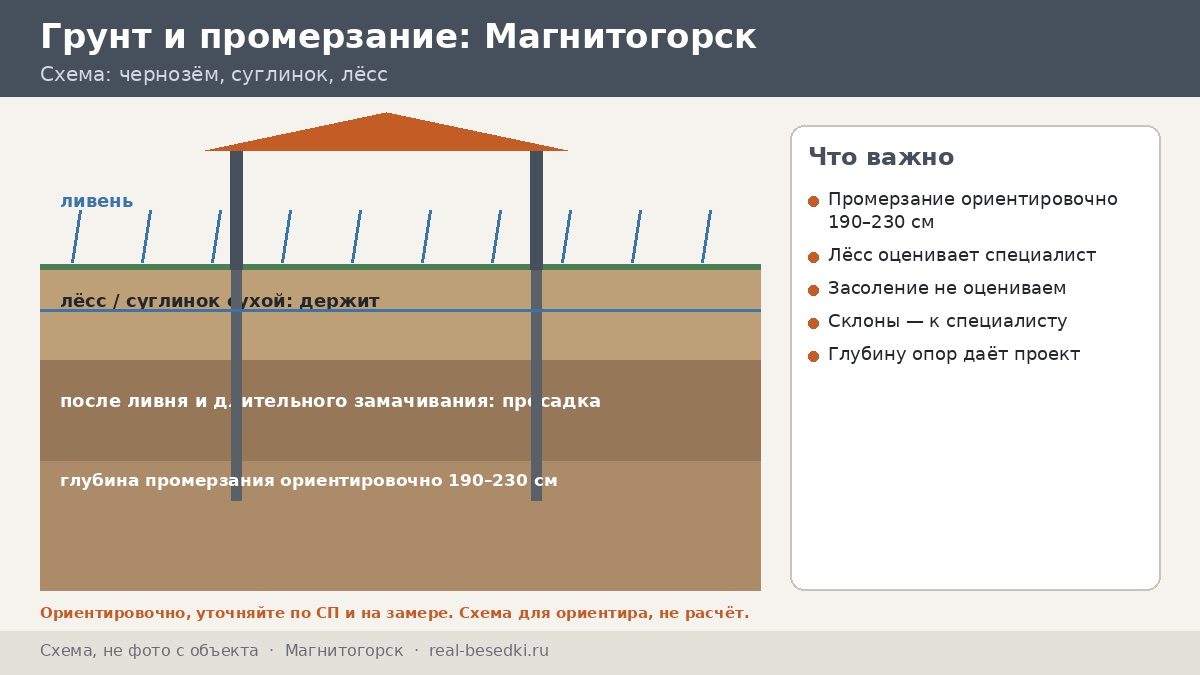 Основание под беседку в Магнитогорске: чернозёмы, лёсс и глубокое промерзание — о чём говорить с проектировщиком