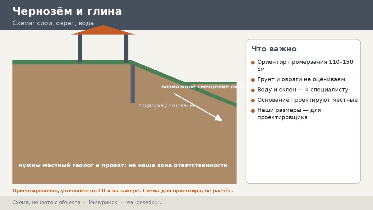 Грунты в Мичуринске: чернозём, глины и овраги — как читать отчёт изыскателя, что проверить перед основанием под стальную беседку