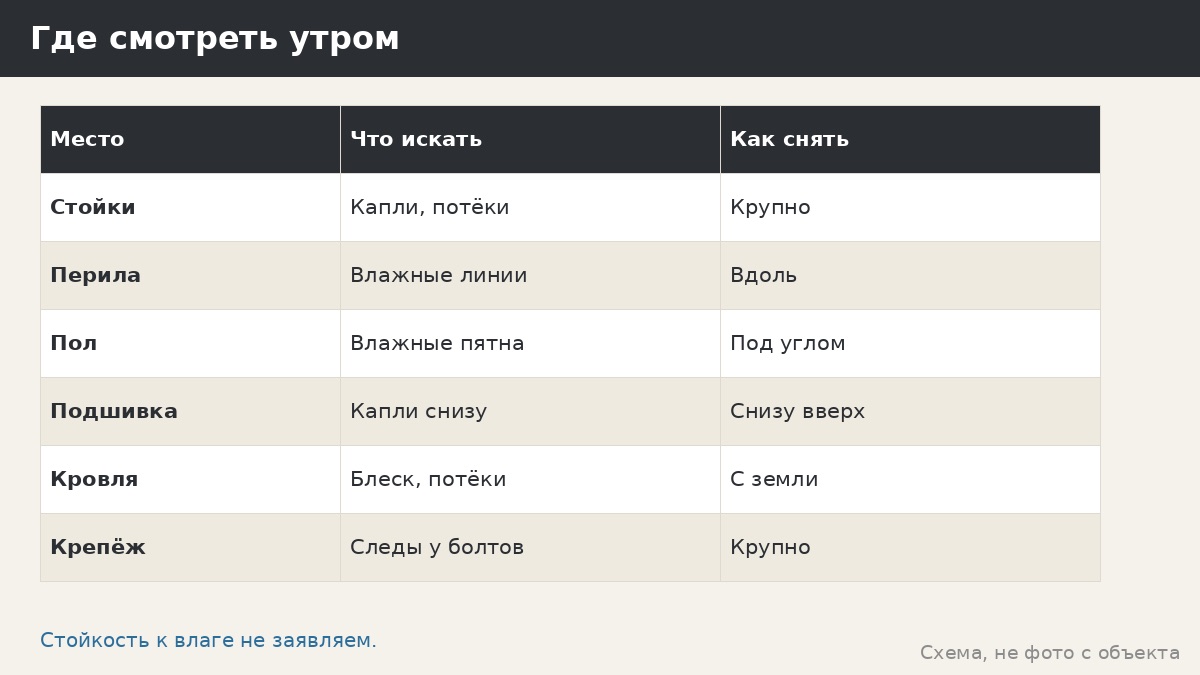 Роса и утренняя влажность у беседки: что наблюдать и как описать менеджеру