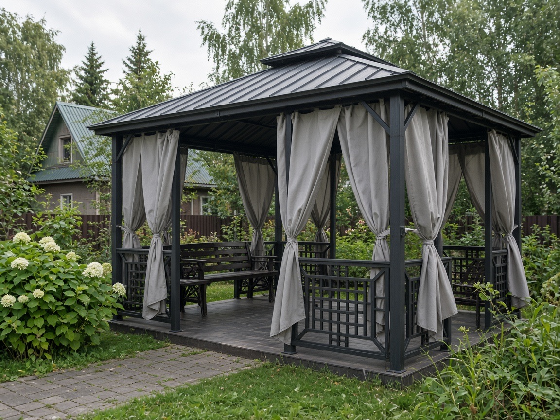 Шторы outdoor на открытой графитовой беседке
